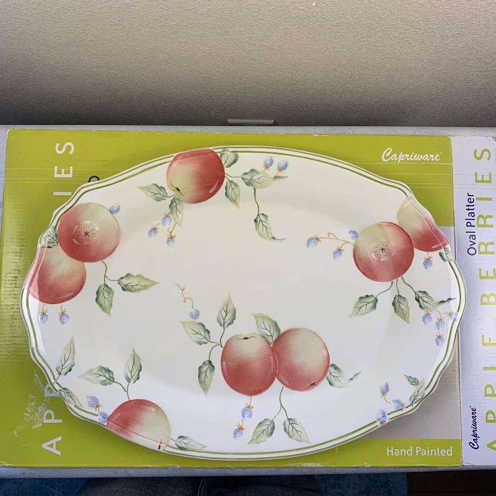 NEW Capriware Apple Berries Oval Serving Platter Dish 18x13 Hand Painted, in Box